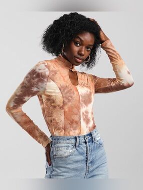 New Gilded Intent Mesh Tie-Dye Mock Neck Long Sleeve Boho Y2K Style Top Women XS